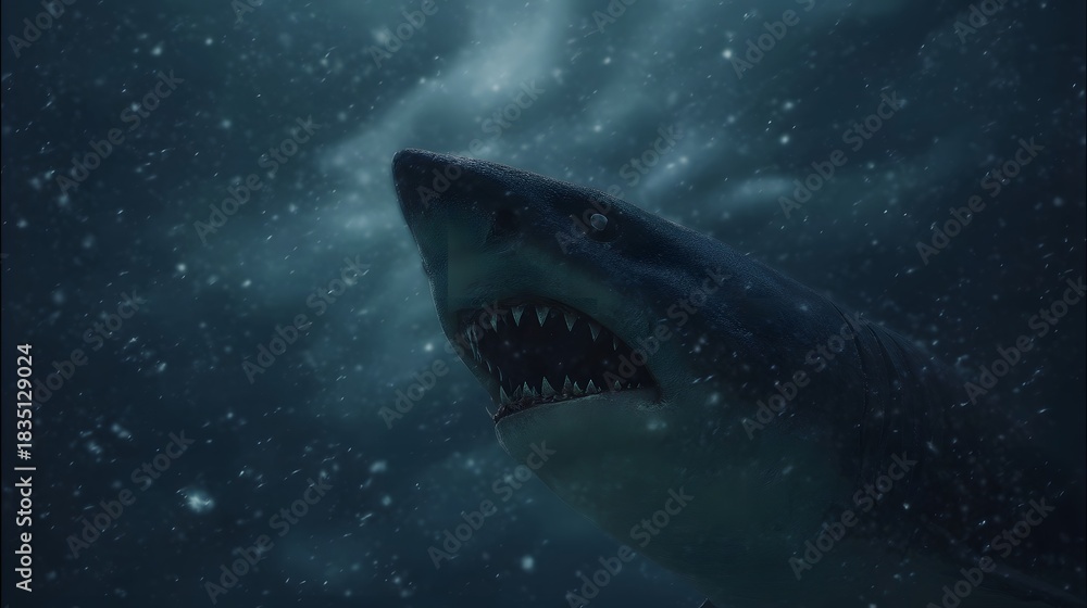 Naklejka premium A menacing shark with sharp teeth swims in dark particle filled underwater depths