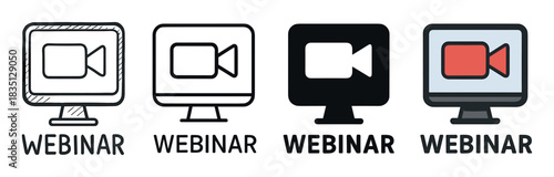 Webinar icon set in four different styles showing a video camera on a computer monitor for online education and virtual meetings, including doodle, line, glyph, and flat color versions
