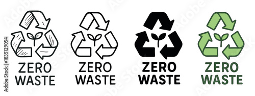 Collection of zero waste vector icons with a recycling sign and a small plant sprout, shown in hand-drawn doodle, simple outline, black silhouette, and color fill variations