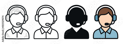 Call center operator icon set with a headset in four different graphic styles including sketch, line art, silhouette, and color fill for customer service concepts