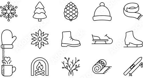 Winter theme icons set: snowflake, tree, pinecone, hat, scarf, mitten, boot Vector