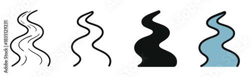 Set of four winding river icons showing different graphic styles including line art, outline, silhouette, and a flat blue color fill for various design applications
