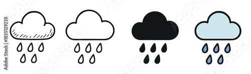 Rain cloud weather icon set with raindrops showing four different graphic styles including doodle sketch, line art, solid glyph, and simple color fill for meteorological symbols