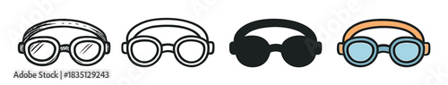 Four different styles of protective goggle illustrations presented in a row, including a hand-drawn sketch, a clean outline, a solid black silhouette, and a simple flat color version