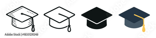 Set of graduation cap icons in various styles including line art, silhouette, and flat color design, representing academic achievement, university, and commencement ceremony