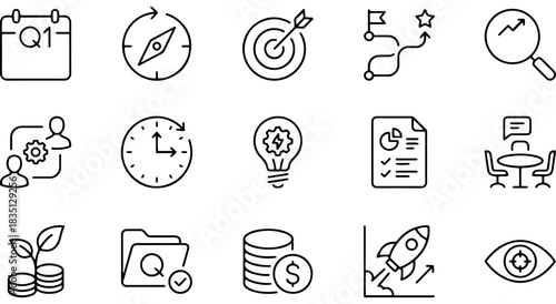 Business strategy icons: planning, finance, teamwork, growth, and success vector set Vector