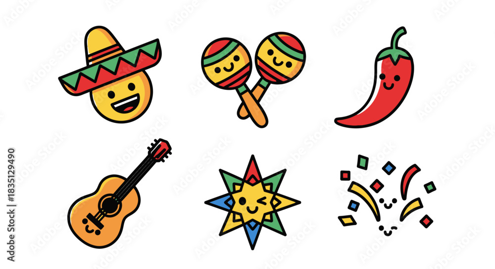 Fototapeta premium A collection of flat, cute and colorful vector illustrations perfect for Cinco de Mayo celebrations and parties or any other Mexican theme.
