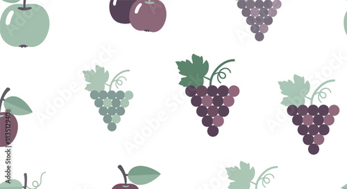 Seamless pattern of stylized fruits including green apples dark red apples and bunches of purple and green grapes on a white background