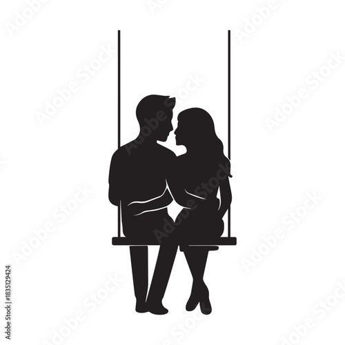 Silhouette of a loving couple embracing on a swing, sharing a tender moment outdoors.