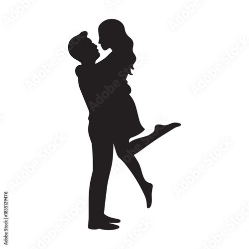 Romantic couple embracing in a passionate silhouette against a white background