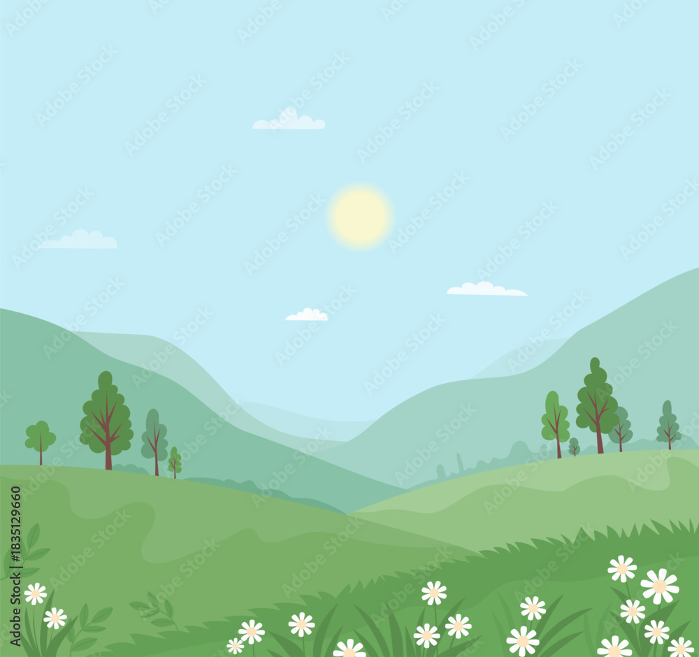 Obraz premium Summer landscape with Green Trees, Grass and Blossoming Wild White Flowers. Seasonal Nature poster. Minimal flat square background. Vector illustration. Not AI