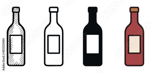 Set of four wine bottle icons in different graphic styles including hand-drawn sketch, simple outline, solid black silhouette, and a flat color vector illustration for beverage concepts