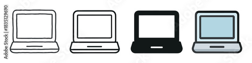 Laptop computer icon set in four different styles including line art, silhouette, and flat color design for graphic and web interface elements
