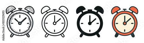 Set of four alarm clock icons in different graphic styles including hand-drawn sketch, simple line art, solid black silhouette, and flat color design for time management concepts