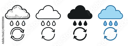 Water cycle icon set with clouds and raindrops in four different graphic styles including hand-drawn sketch, simple outline, solid silhouette, and flat color for weather concepts
