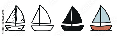 Set of four sailboat icons in different styles including doodle, outline, silhouette, and color, representing a collection of simple nautical vector illustrations for design