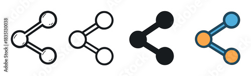 Set of four share icons presented in various design styles like line art, silhouette, and color for representing digital networking, connection, and online communication