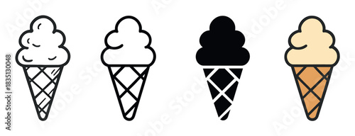Set of four ice cream cone icons showing a soft serve swirl in a waffle cone, presented in different graphic styles like outline, solid silhouette, and simple color