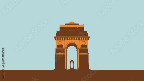 India Gate illustration with a smaller structure in the distance against a blue sky.