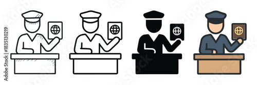 Passport control officer icon set in four different styles including doodle, line art, silhouette, and colored flat design for travel and security concepts