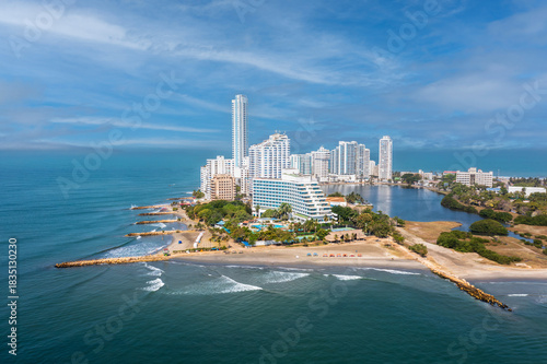 Foto Aerial drone view of Bocagrande peninsula Cartagena with beachfront hotel comple