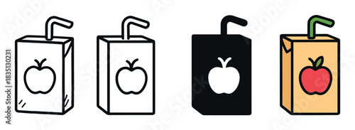 Four apple juice box icons in different graphic styles, a minimalist vector set featuring line art, a solid black silhouette, and a colorful cartoon version