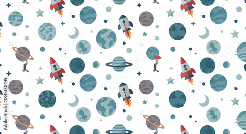 Whimsical watercolor seamless pattern featuring rockets planets moons and ufos against a white background for children s designs and space themes