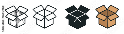 Open cardboard box icon set in four different graphic styles including hand-drawn sketch, line art, solid silhouette, and flat color for delivery concepts
