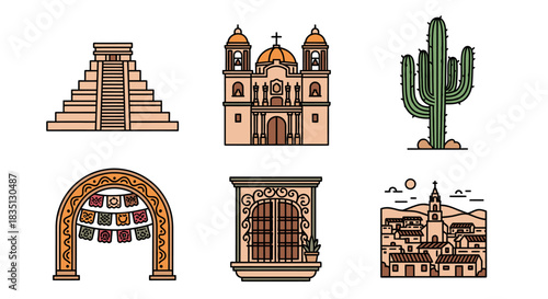 Mexican Cultural and Architectural Icons Set: Pyramids, Churches, Spanish Windows, and Cacti