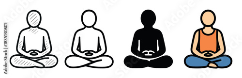 Set of four stylized icons showing a person meditating in a lotus pose, presented in various graphic styles including sketch, outline, silhouette, and full color illustration