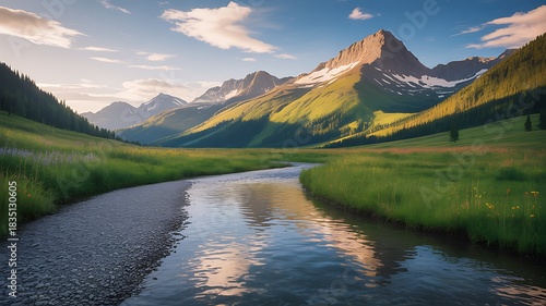 Fototapeta Naklejka Na Ścianę i Meble -  Peaceful mountain valley with flowing river and green meadows at sunrise
