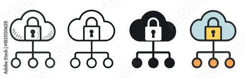 Secure cloud network icon set with padlocks in four different styles including hand-drawn, line art, silhouette, and colored versions for cybersecurity concepts