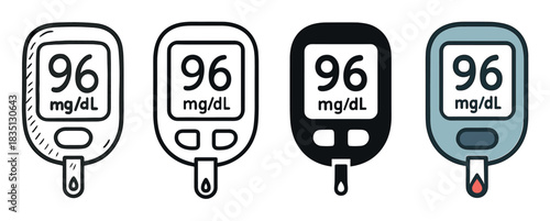 Set of four blood glucose meter icons showing a normal sugar level reading, presented in different illustration styles like doodle, line art, silhouette, and flat color
