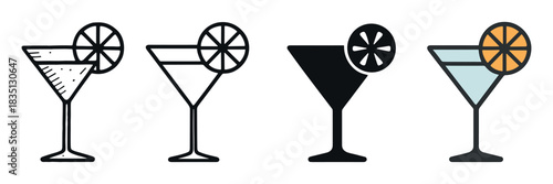Four cocktail glass icon variations presented in a set, featuring line art, a solid black silhouette, and a colored flat design, all garnished with a round citrus slice