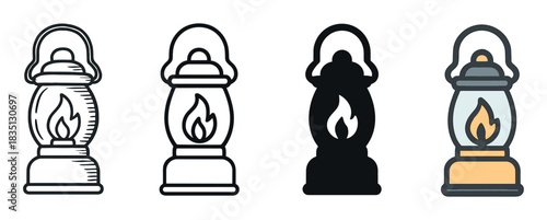 Four vintage camping lantern vector illustrations in a set showing different styles including line art, a solid black silhouette, and a simple colored icon for graphic design