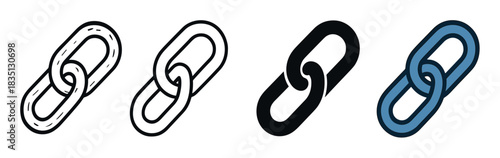 Set of four chain link icons in different styles including line art, solid glyph, and colored versions for web and app design, representing connection and hyperlinks