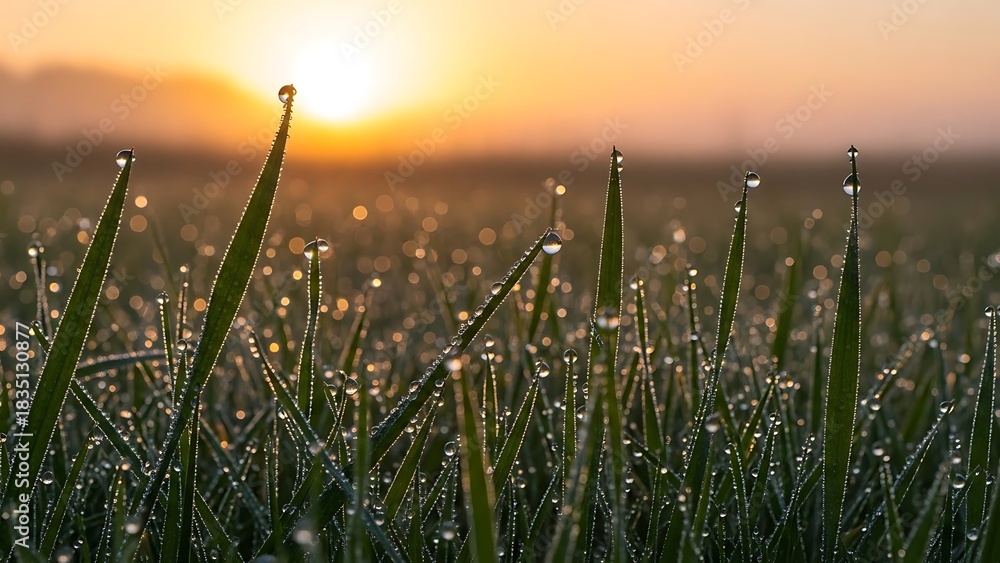 Fototapeta premium Cinematic vertical macro of dew-covered grass at dawn with perfect spherical droplets reflecting soft golden sunrise glow, dreamy bokeh depth, misty meadow ambience, and peaceful untouched mornin