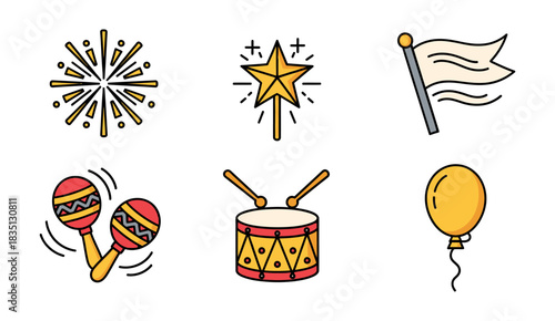 Cinco de Mayo Celebration Icon Set: Fireworks, Maracas, Flags and Party Objects
