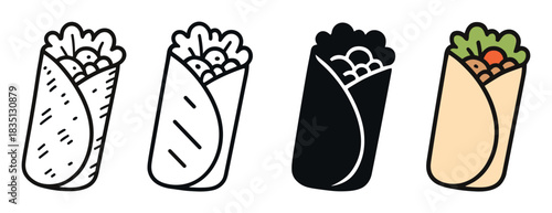 Burrito wrap icon collection with four different design styles, including a hand-drawn sketch, a simple outline, a black glyph, and a colorful cartoon version