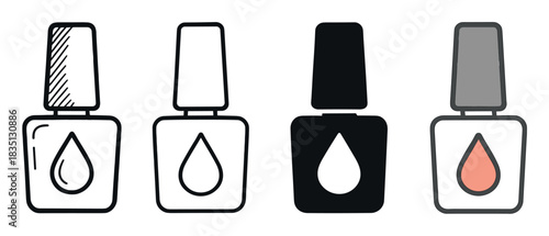 Nail polish bottle icon set collection with four different graphic styles including a hand drawn sketch, simple outline, solid black silhouette, and flat color design