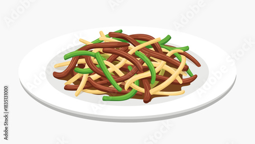 Rendered in a clean vector style, this appetizing illustration depicts a savory stir-fry of shredded brown meat, vibrant green vegetables, and pale bamboo shoots piled high on a white dinner plate