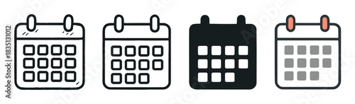 Set of four calendar vector icons in various styles including outline, glyph, and color fill for representing schedules, dates, and appointments in a simple, minimalist design