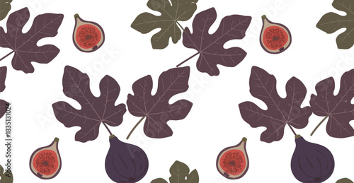 Artistic seamless pattern featuring dark purple fig leaves and vibrant red fig fruits with visible seeds on a clean white background