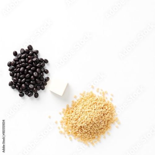 A top down view of coffee beans sugar cubes and small grains on a plain white background surface