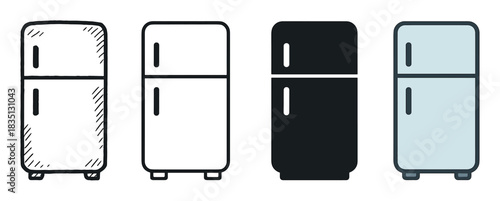 Refrigerator and freezer appliance icon set with four design variations including a hand-drawn sketch, a minimal outline, a solid black silhouette, and a simple colored flat illustration