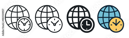 Four world time vector icons in a set showing different styles from outline to flat color for global business and international scheduling concepts