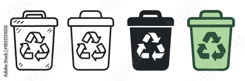 Four recycling bin icons in a collection of graphic styles, including a hand-drawn sketch, clean outline, solid black silhouette, and a flat green color for ecology concepts