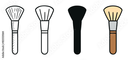 Four cosmetic makeup brush vector illustrations in a collection of different design styles including a simple outline, a detailed doodle, a solid black shape, and a flat color icon