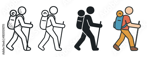 Set of four hiker icons showing a person with a backpack and walking stick in various styles including line art, silhouette, and full color for travel and adventure concepts
