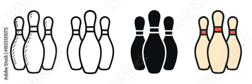 Bowling pin icon set in four different graphic styles including line art, simple outline, solid black silhouette, and color fill for sports or recreation design elements